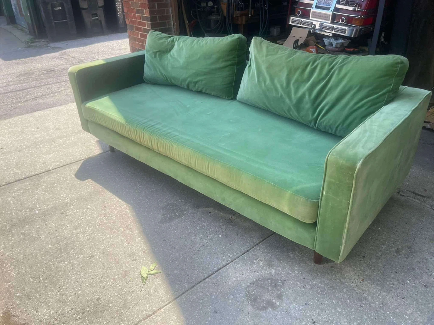 Green Velvet Sofa with Pillows