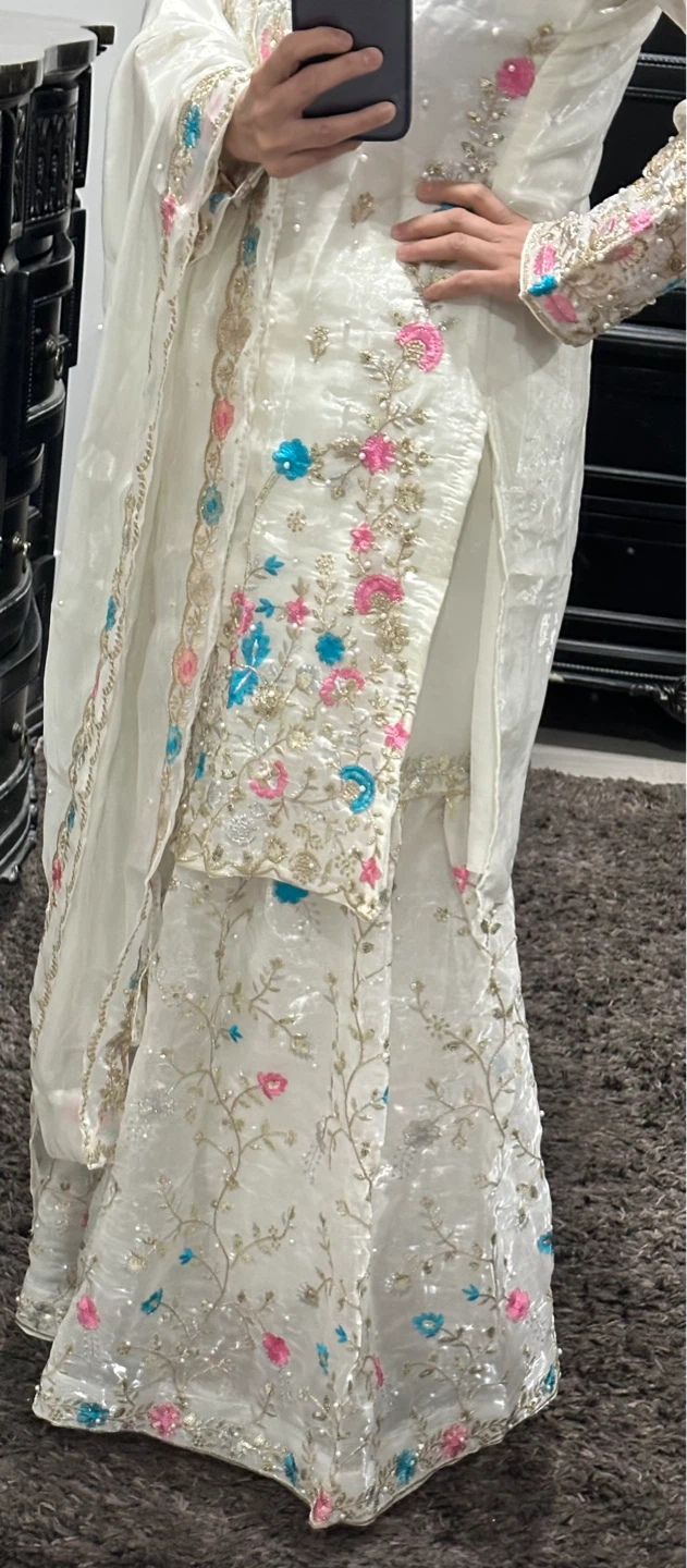Cream Embroidered Sharara Suit