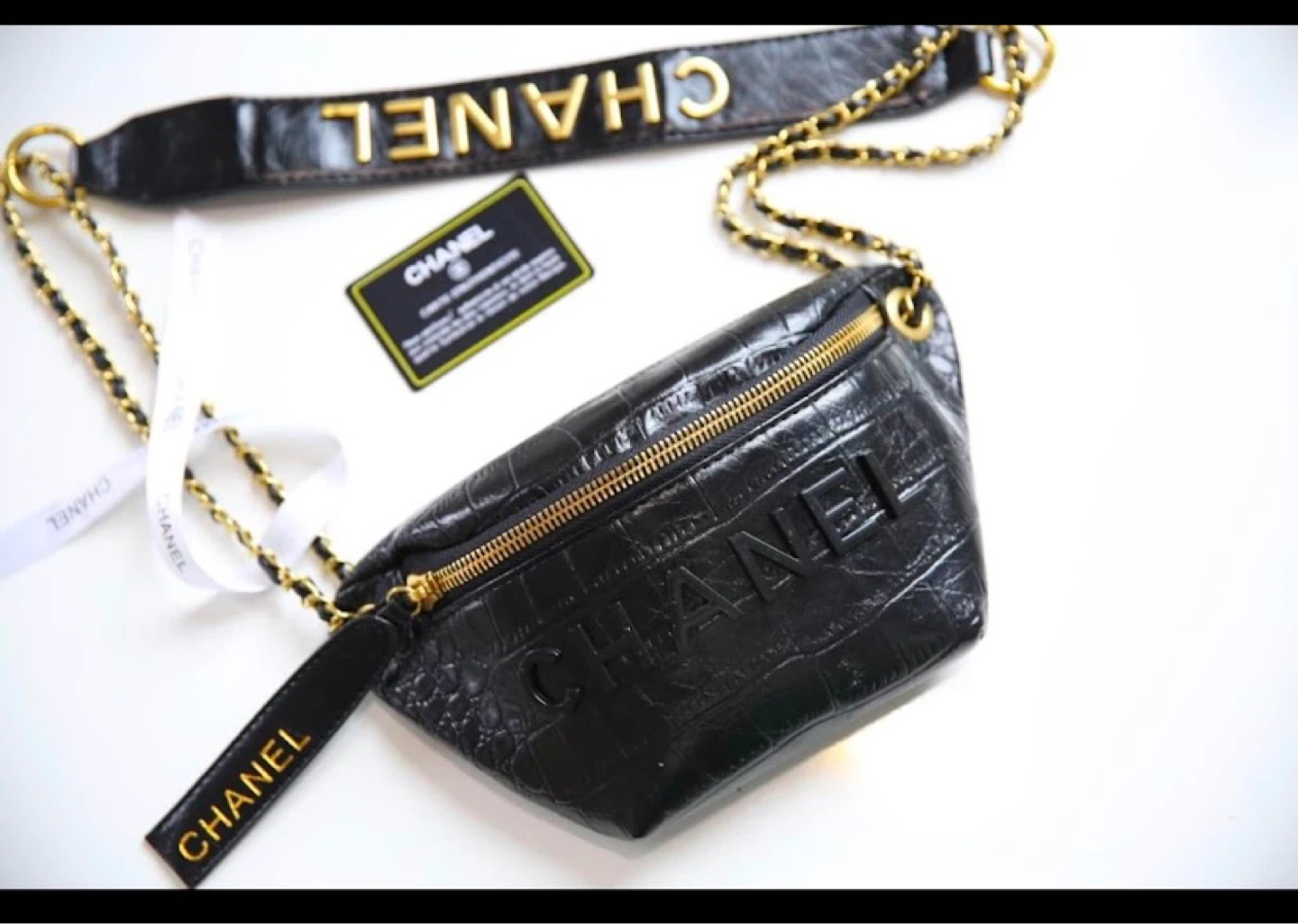 CHANEL Black Crocodile Embossed Fanny Pack
