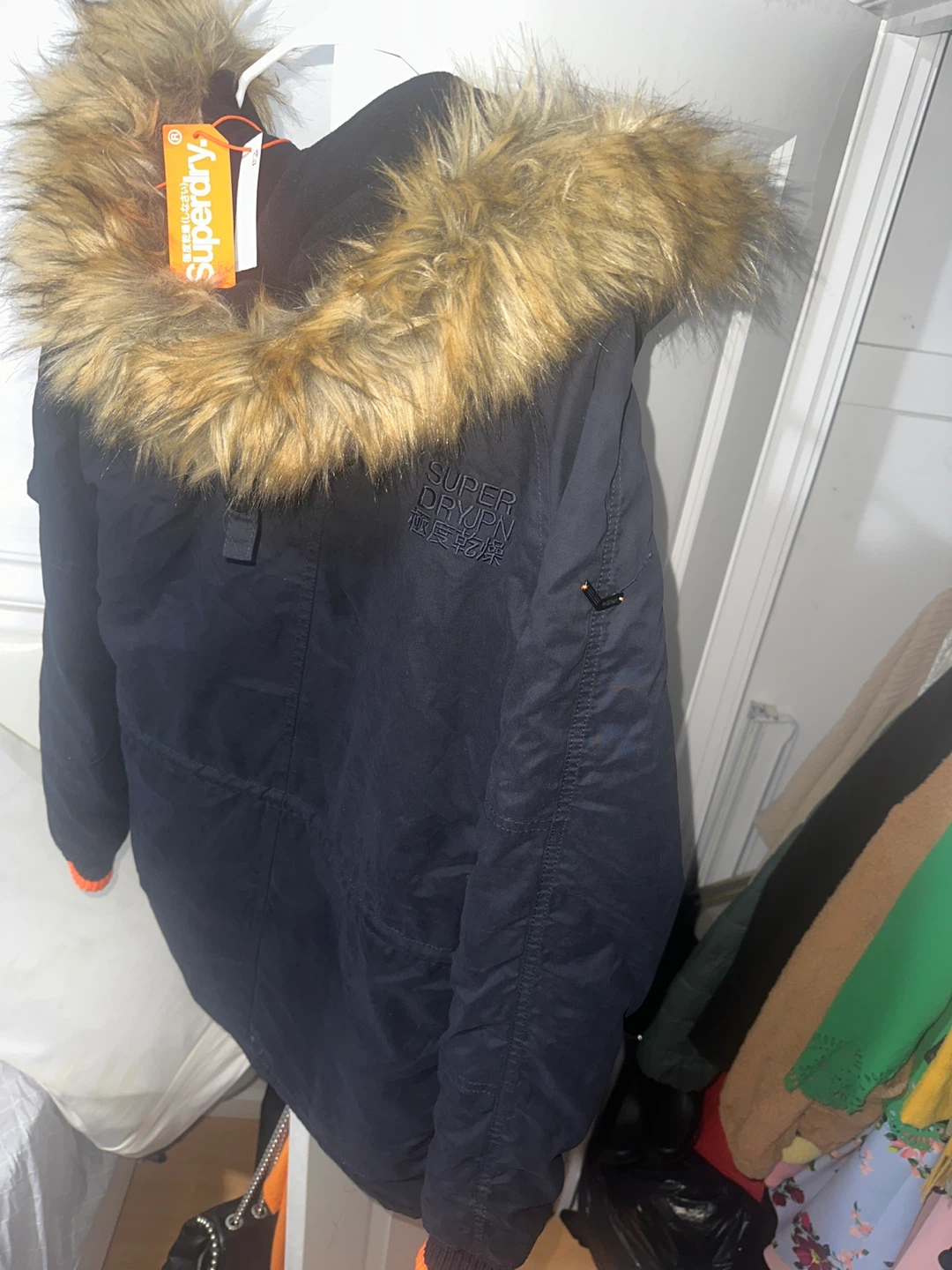 Superdry Navy Parka Jacket with Faux Fur Hood