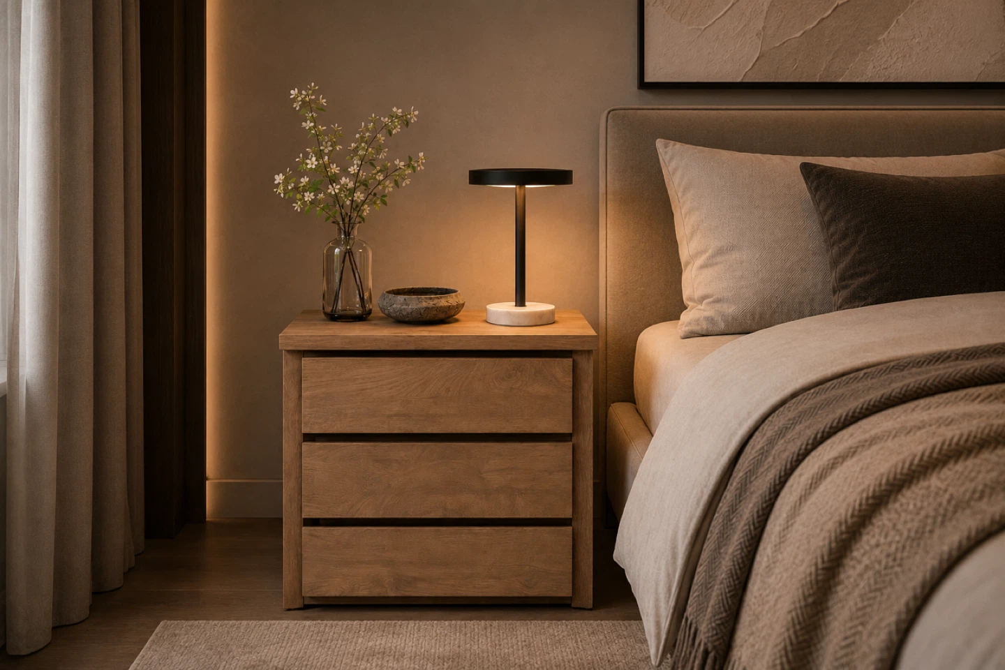 Oak Finish 3-Drawer Nightstand