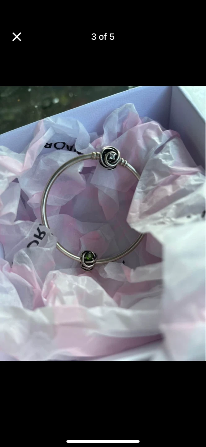 Pandora Sterling Silver Bangle Bracelet with Green Stone Charm - photo 3