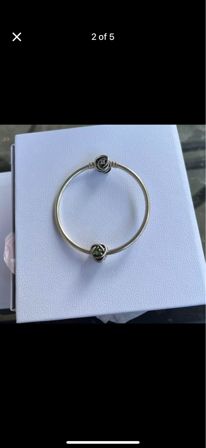 Pandora Sterling Silver Bangle Bracelet with Green Stone Charm - photo 2