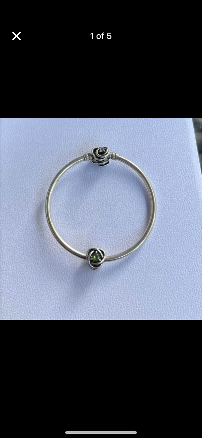 Pandora Sterling Silver Bangle Bracelet with Green Stone Charm