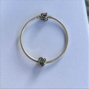 Pandora Sterling Silver Bangle Bracelet with Green Stone Charm