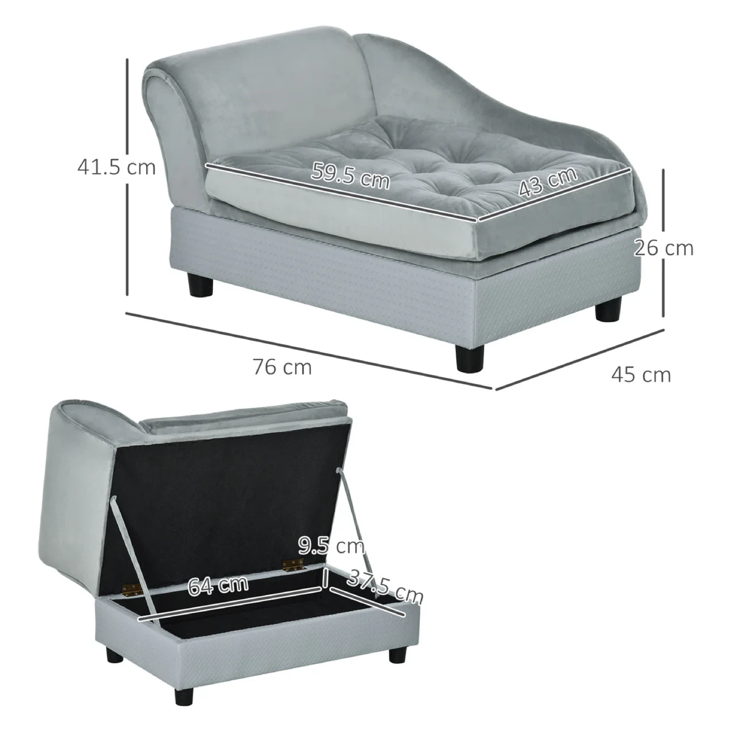Grey Velvet Pet Chaise Lounge with Storage - photo 3