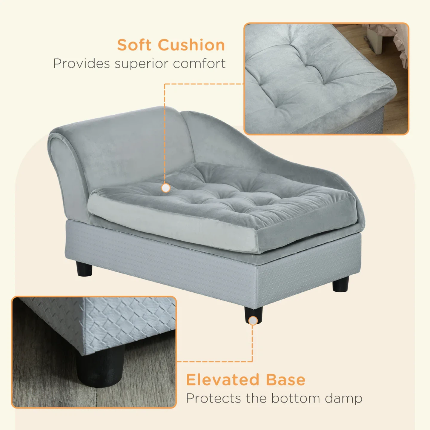 Grey Velvet Pet Chaise Lounge with Storage - photo 5