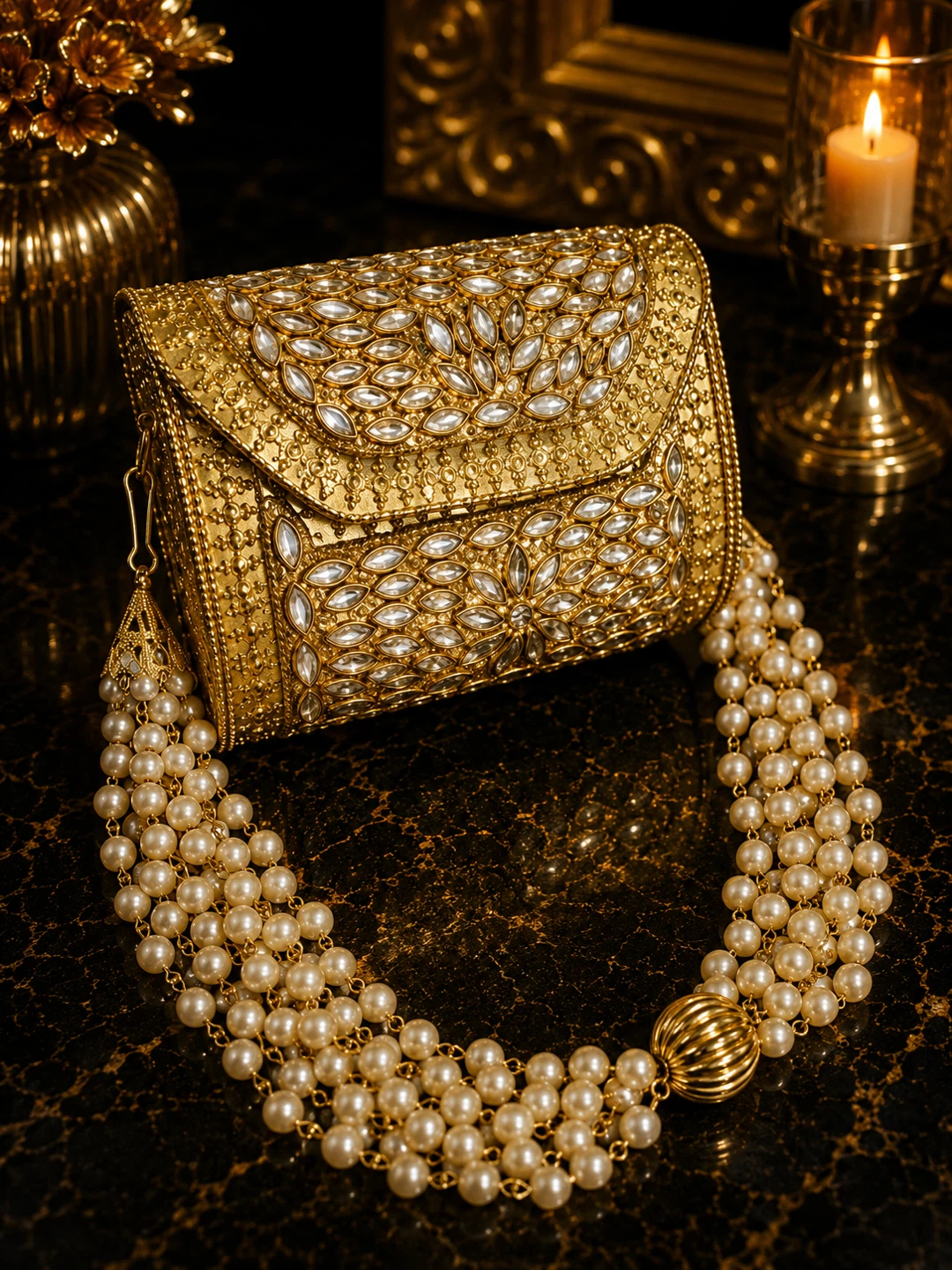 Gold Beaded Clutch Bag