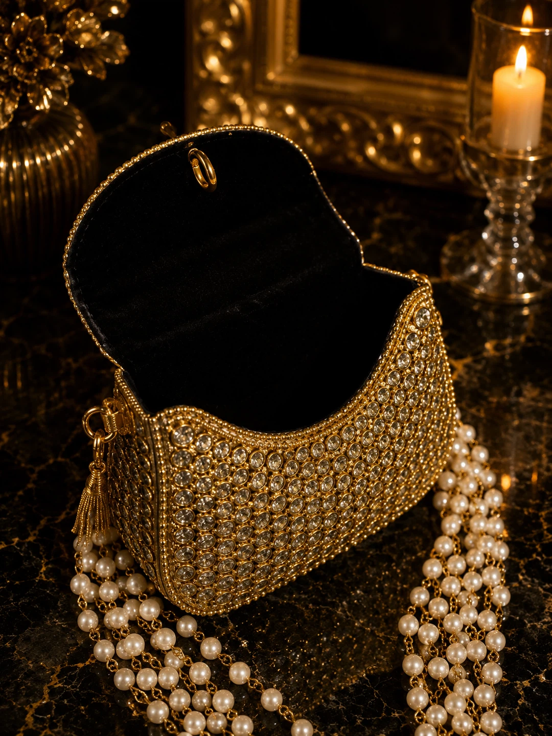 Sparkly Gold Clutch Purse with Pearl Necklace - photo 3