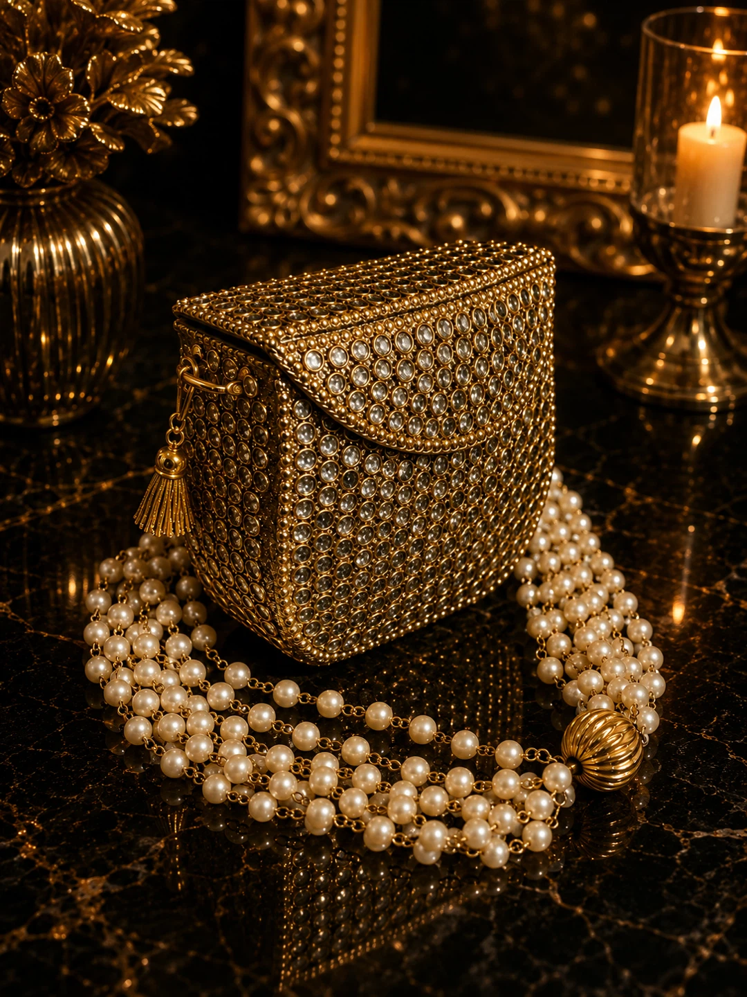 Sparkly Gold Clutch Purse with Pearl Necklace - photo 2