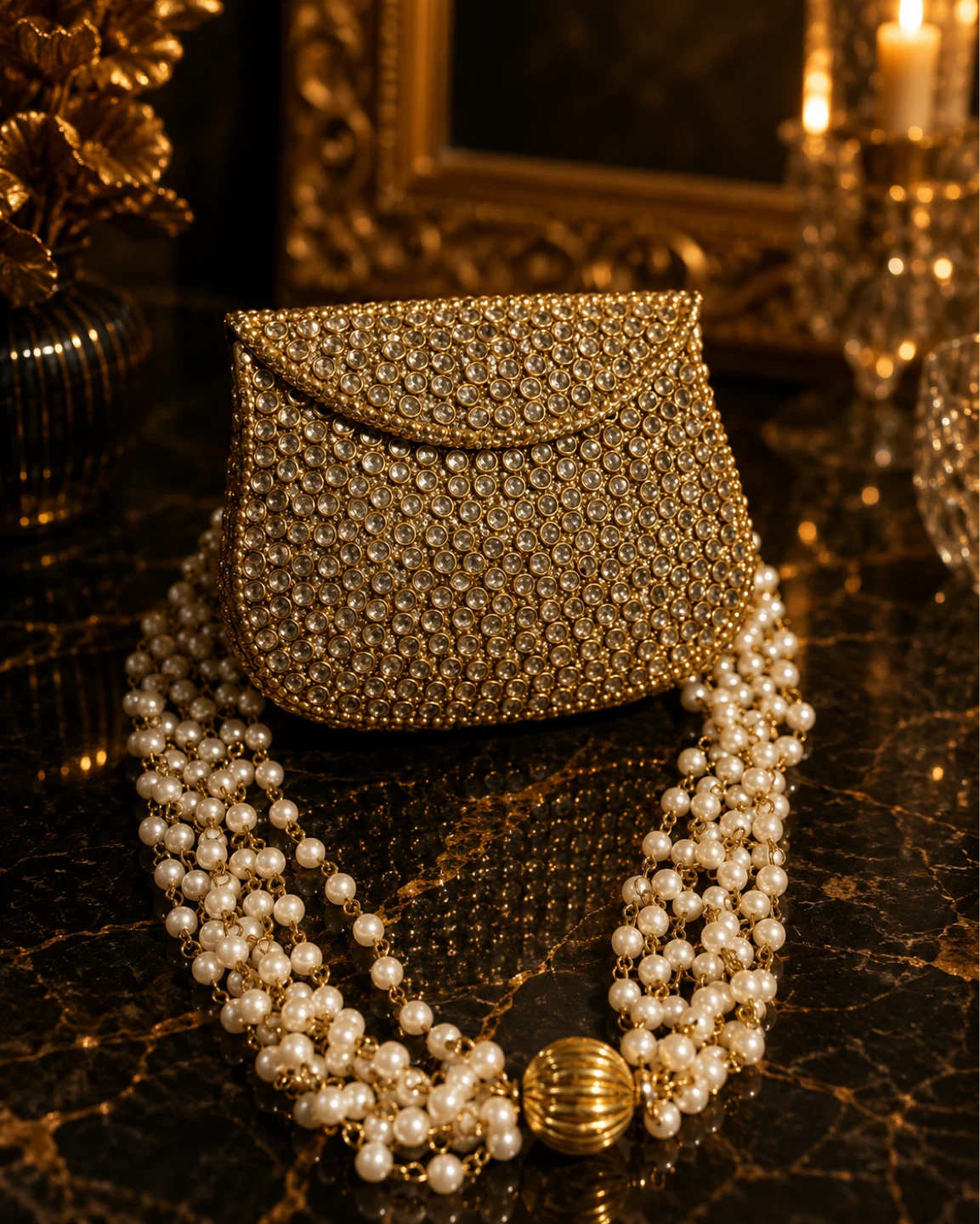 Sparkly Gold Clutch Purse with Pearl Necklace