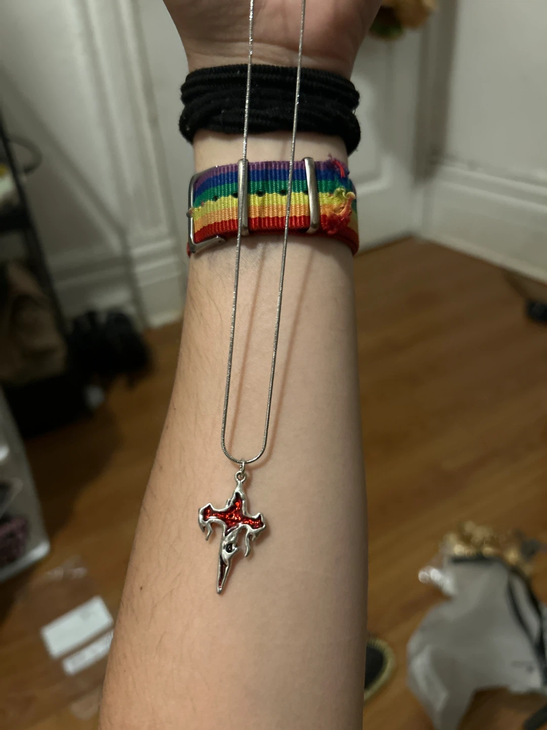 Silver Cross Pendant Necklace with Red Detail