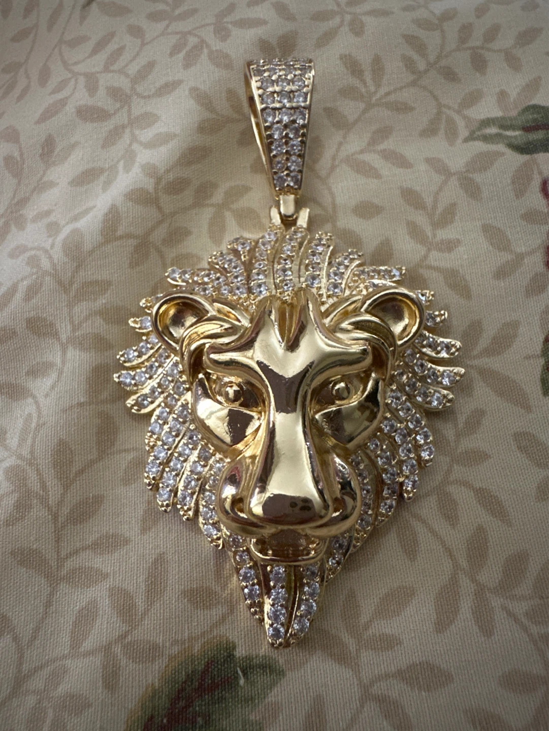 Gold laminated Lion Head Pendant Necklace with Iced Out Gems