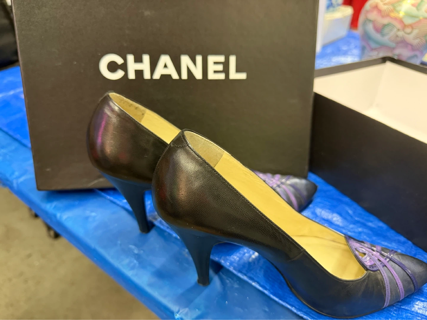 CHANEL Women's Black Leather Heels with Purple Accents