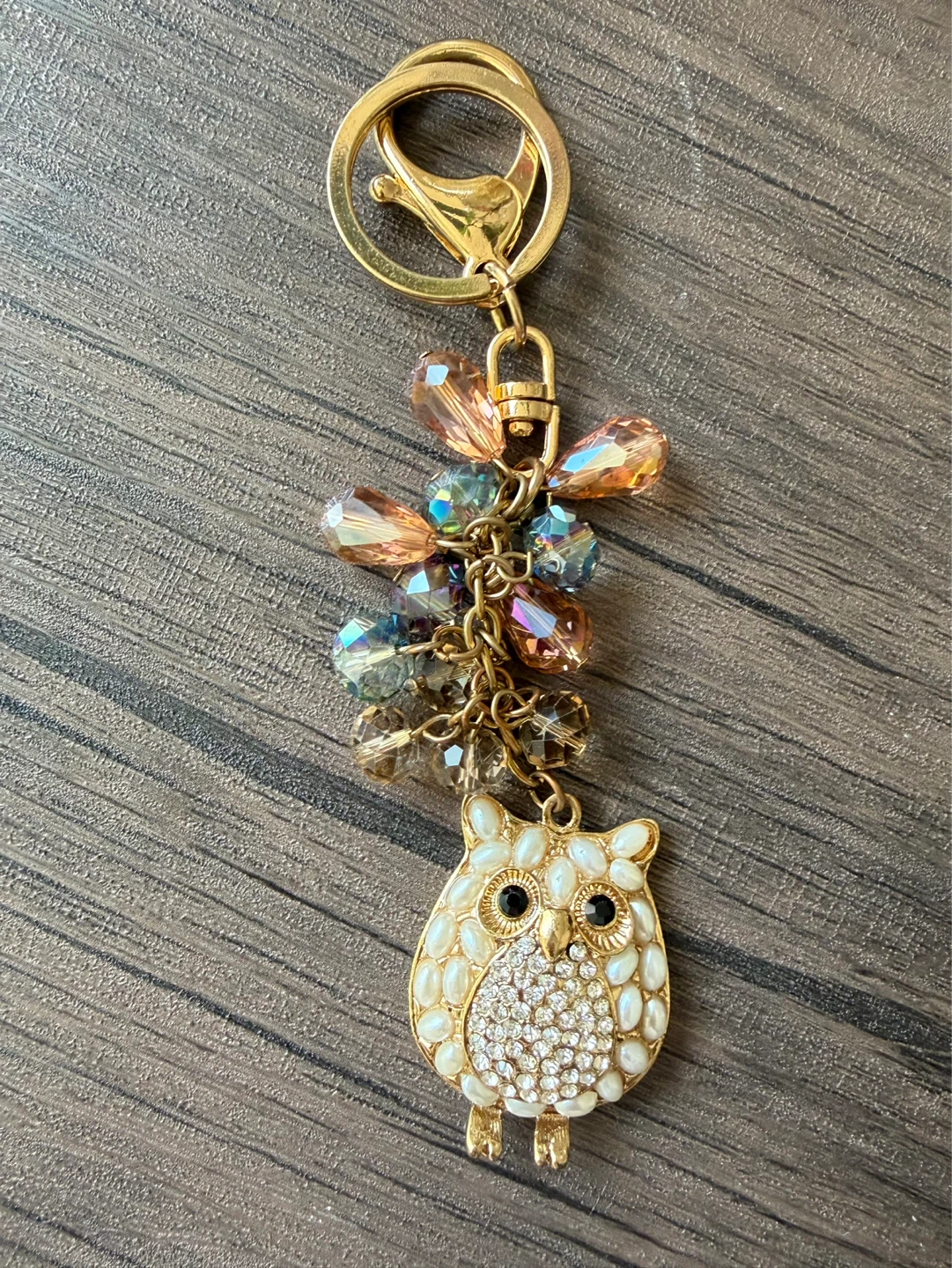 Gold Tone Owl Keychain with Rhinestones and Beaded Tassel
