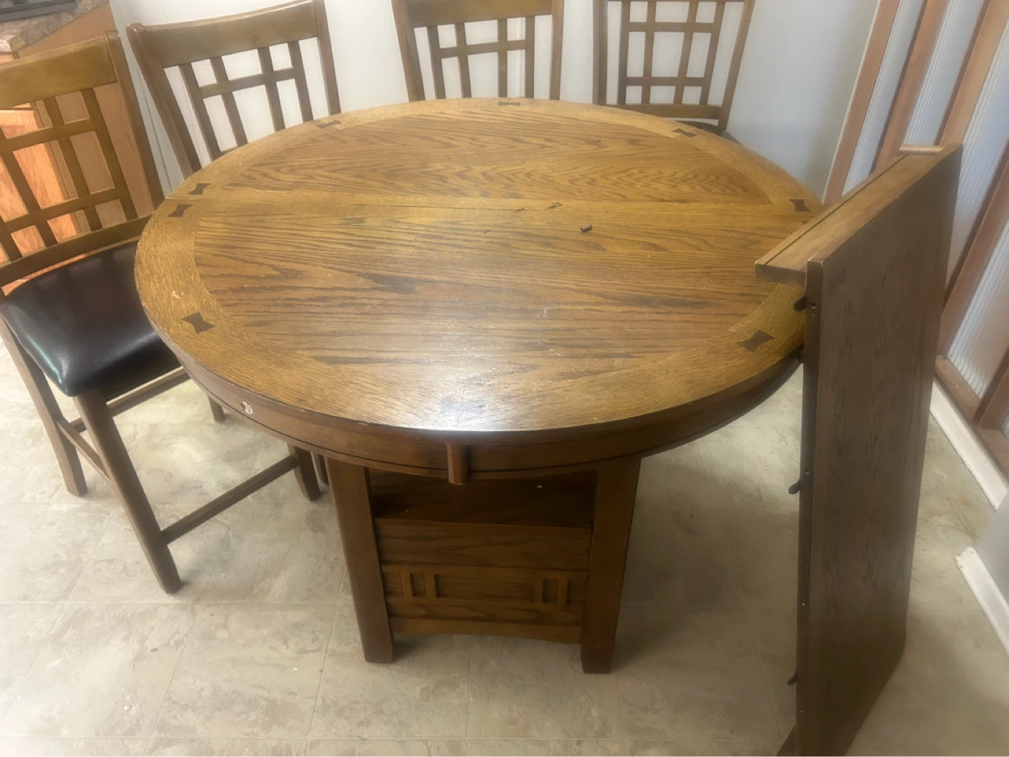 Round Oak Dining Table with Drop Leaf Extension - photo 3