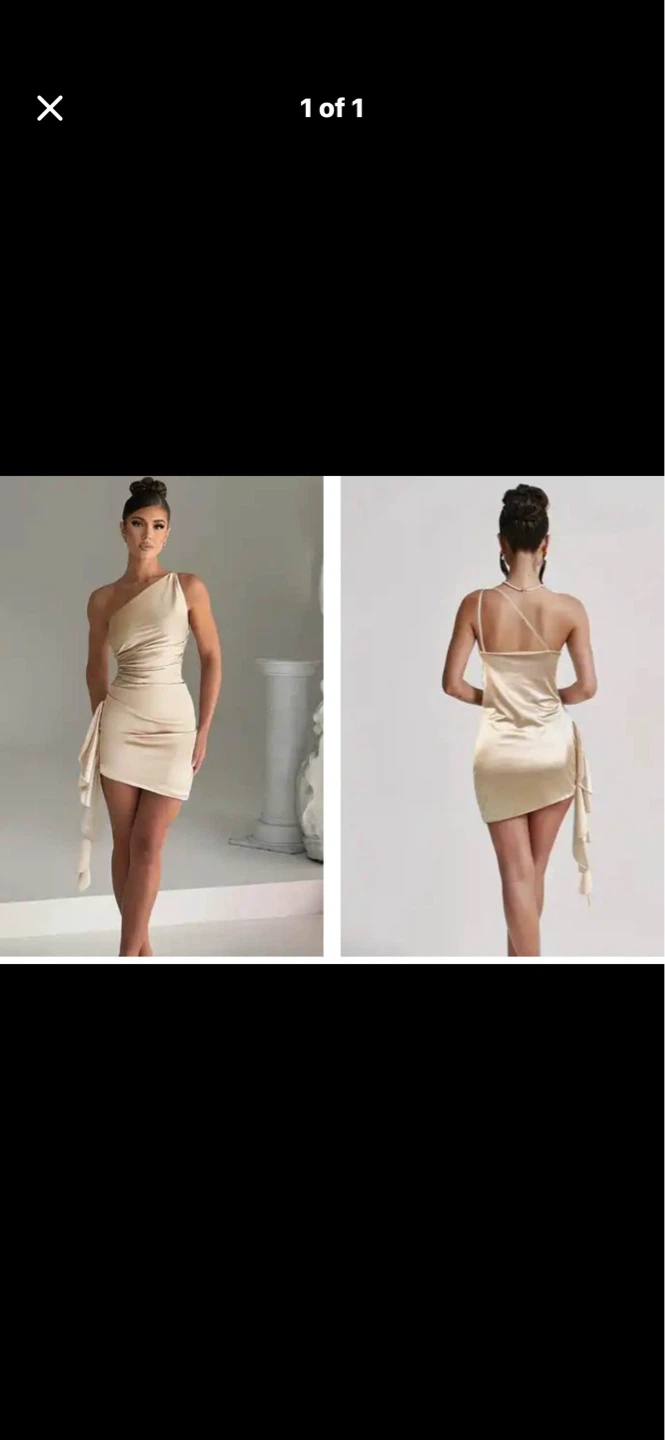 Champagne One-Shoulder Drape Mini Dress. Size large