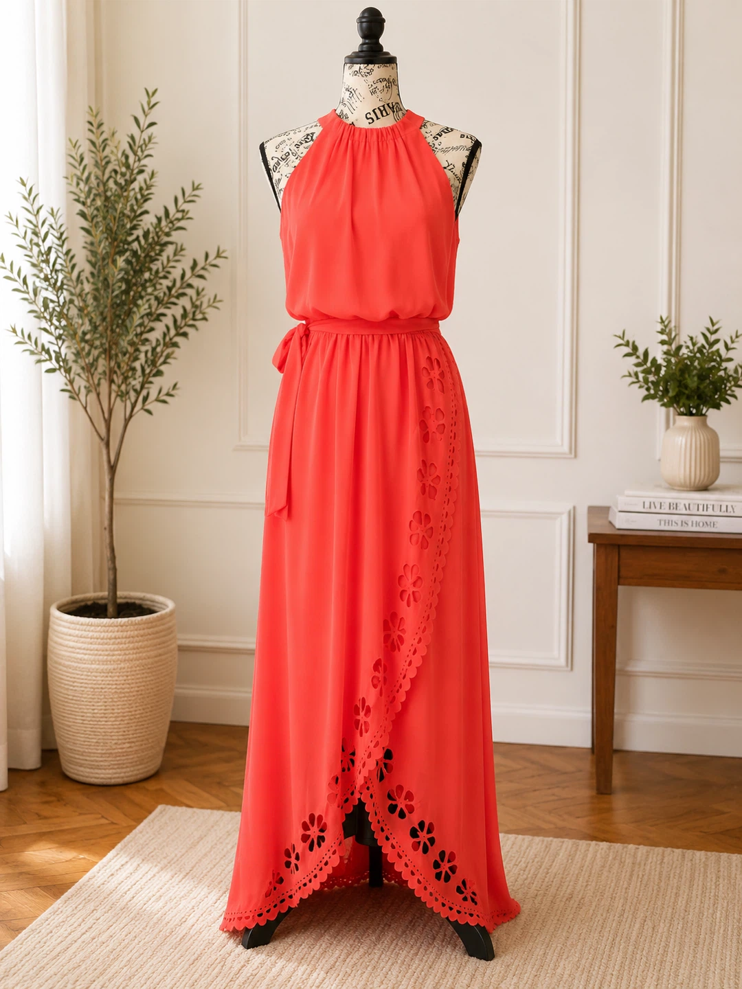 Coral Halter Maxi Dress with Cutout Details - photo 3