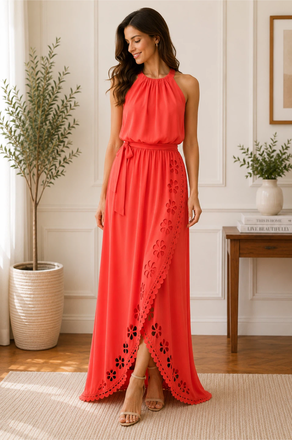 Coral Halter Maxi Dress with Cutout Details