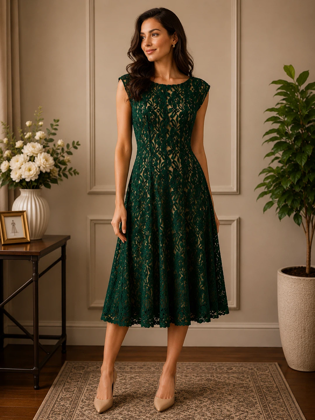 Forest Green Lace Dress with Zipper Back