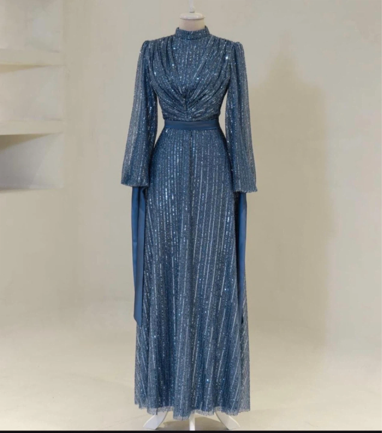 Blue Sequin Long Sleeve Maxi Dress