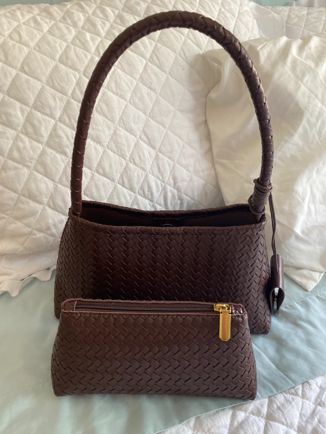 Brown Woven Shoulder Bag with Matching Pouch - photo 3
