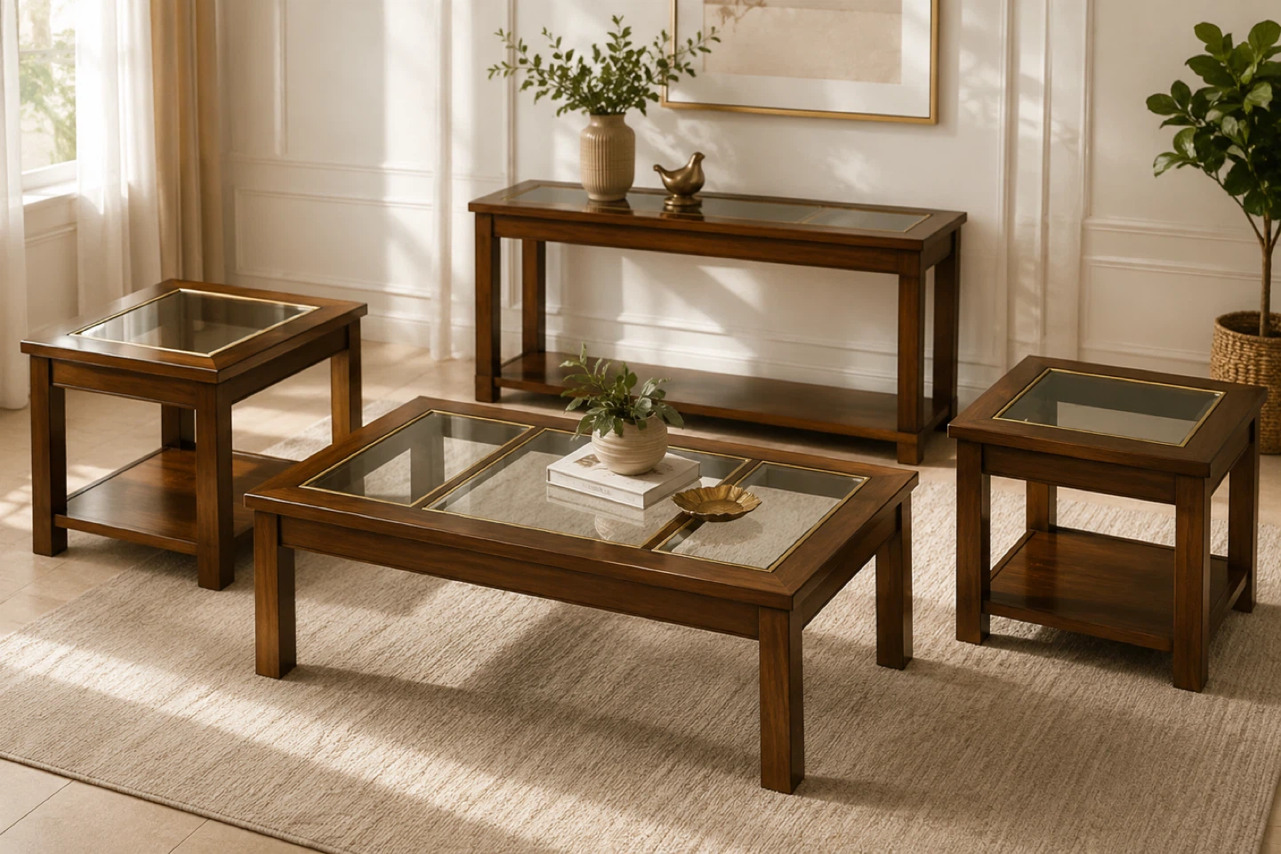 Set of 4 Wooden Coffee and End Tables with Glass Tops