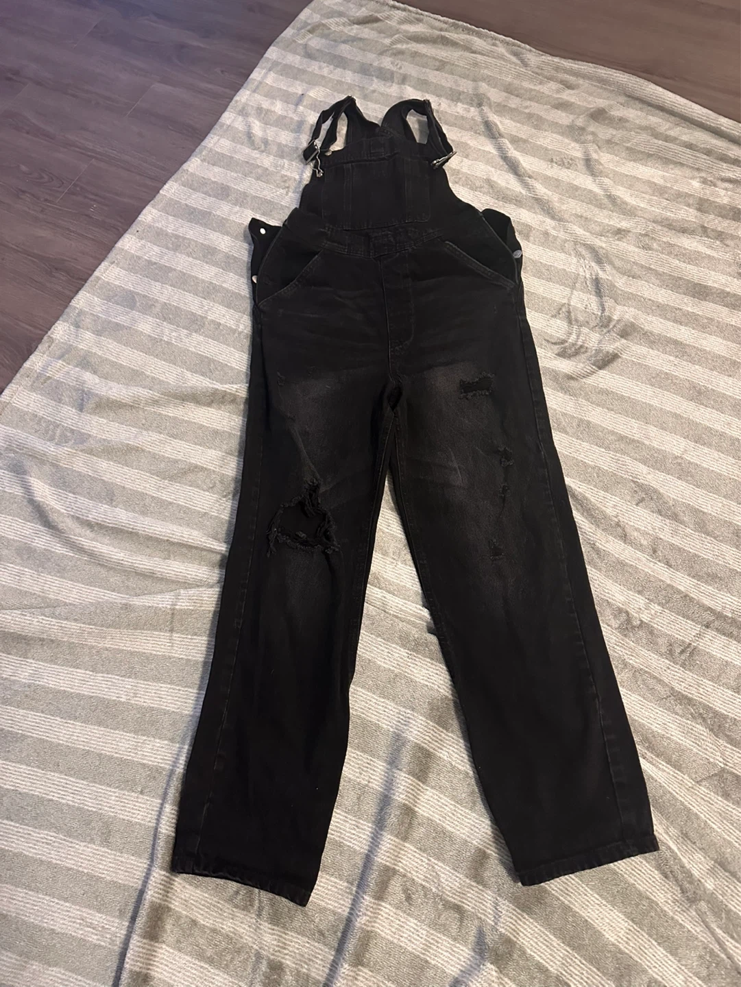 Black Distressed Denim Overalls - photo 3