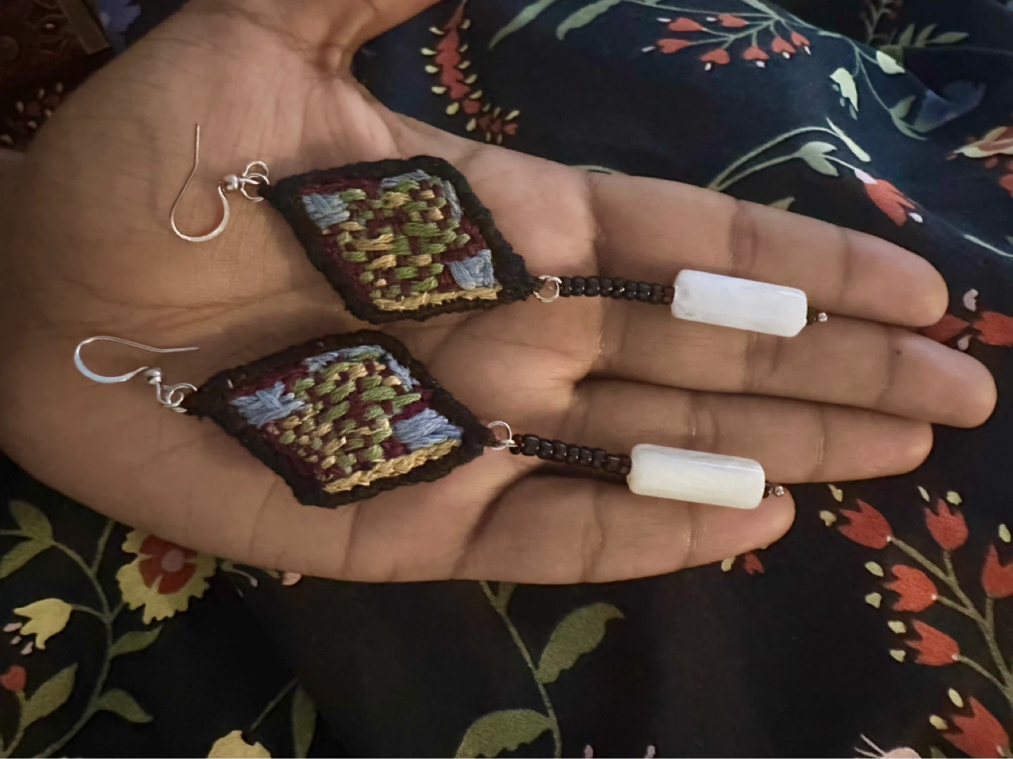 Handmade Embroidered Earrings with White Beads