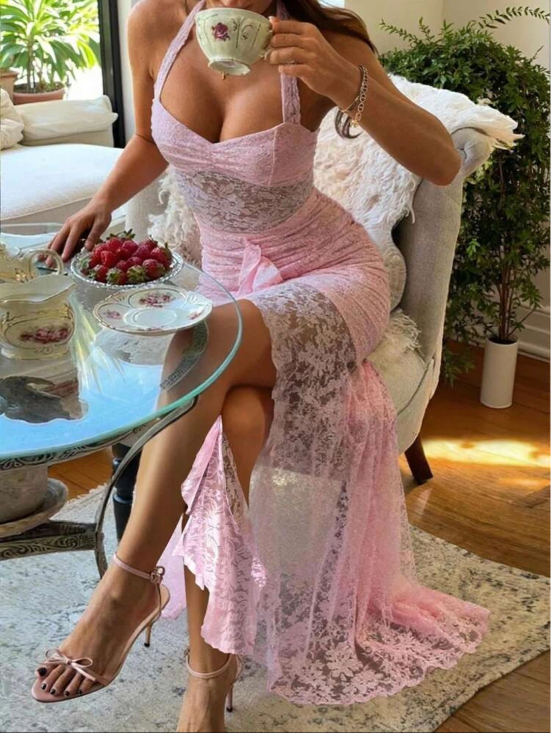 Lace Neck Hanging Lace Semi Transparent deess