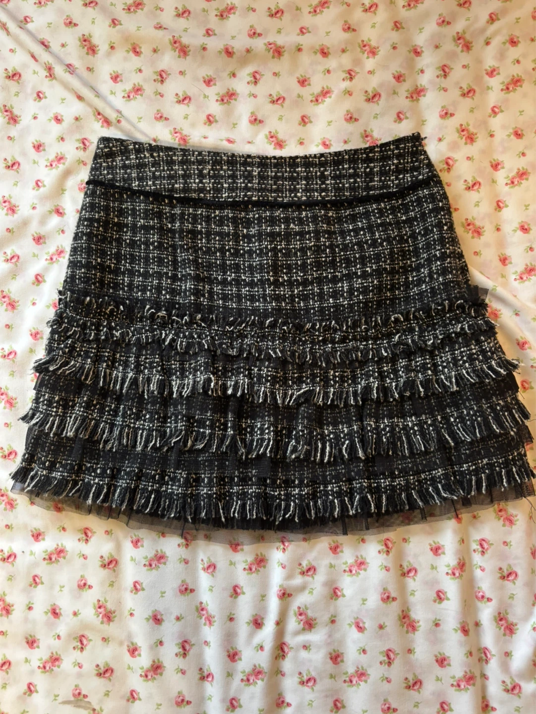 Tweed tiered fringe skirt