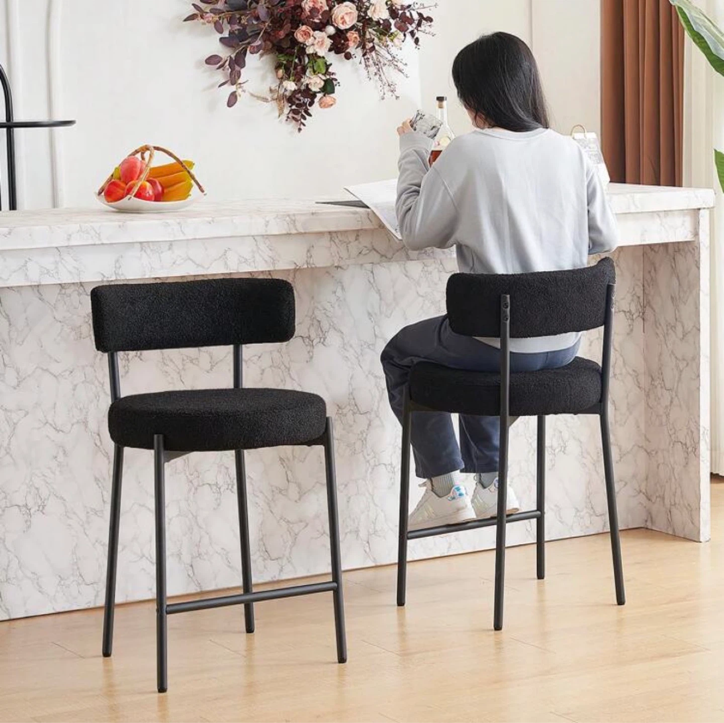 Black Upholstered Bar Stools (Set of 3)