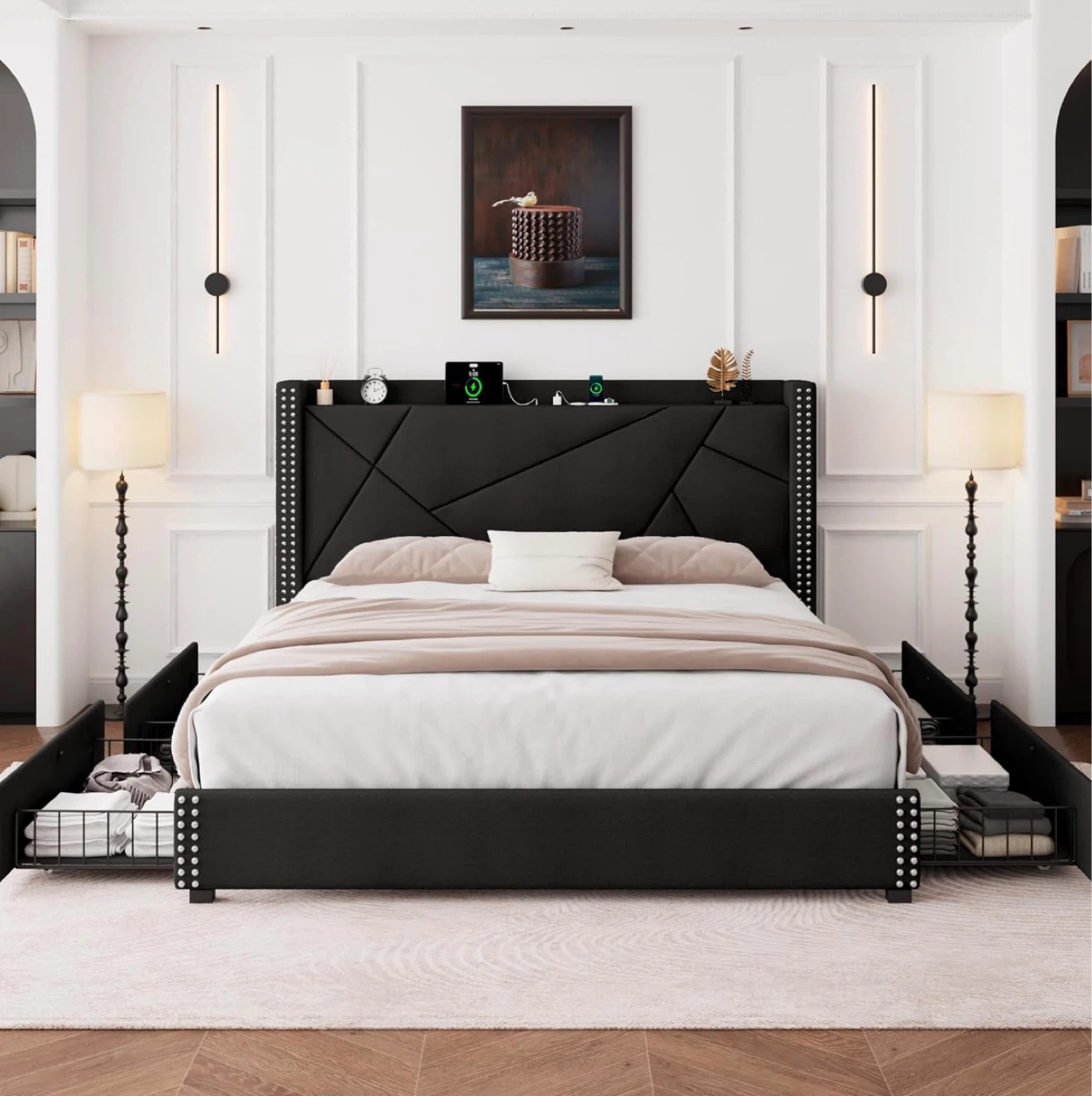Black Storage & Charging Bed Frame with Under-Bed Drawers