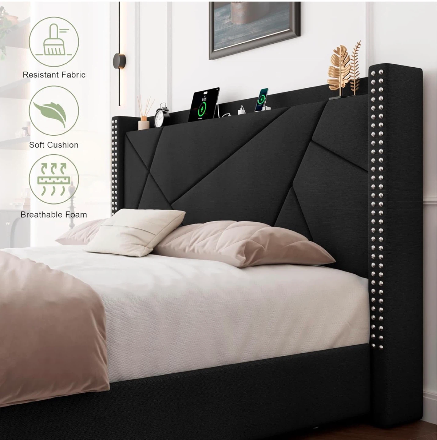 Black Storage & Charging Bed Frame with Under-Bed Drawers - photo 3