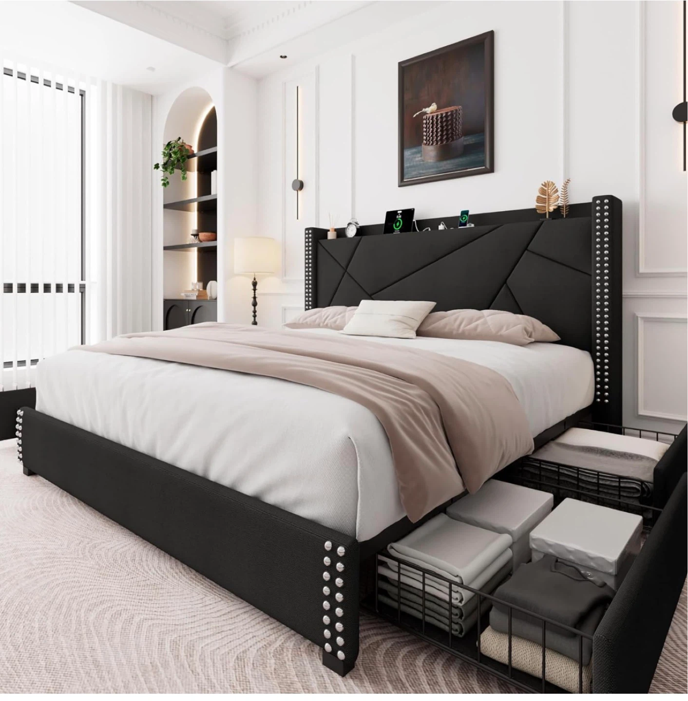 Black Storage & Charging Bed Frame with Under-Bed Drawers - photo 2