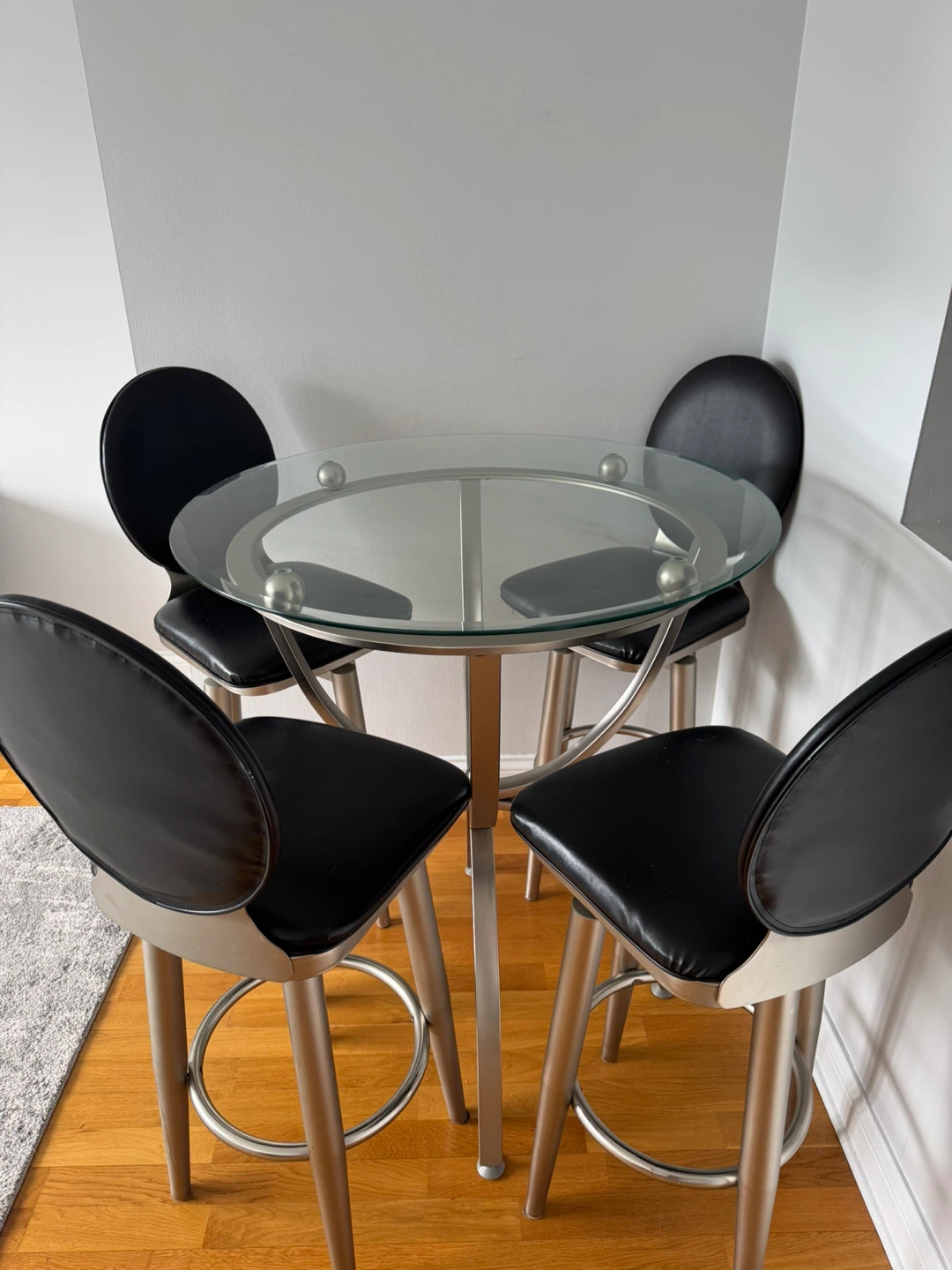 Glass Top Dining Table Set with 4 Stools