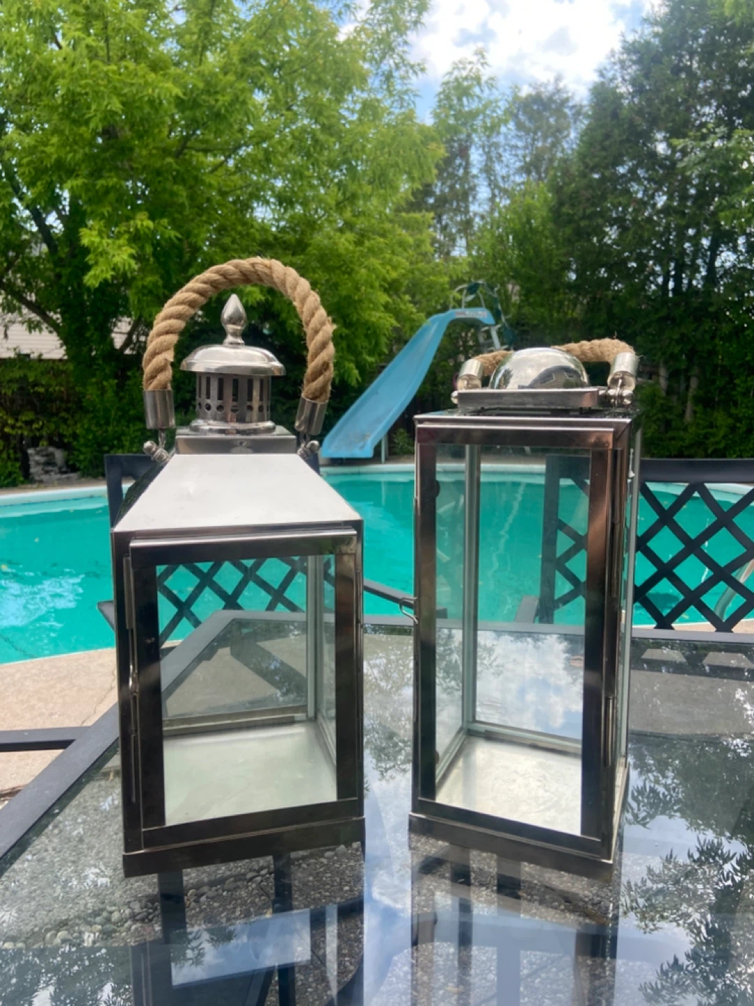 Set of 2 Silver Lanterns with Rope Handles