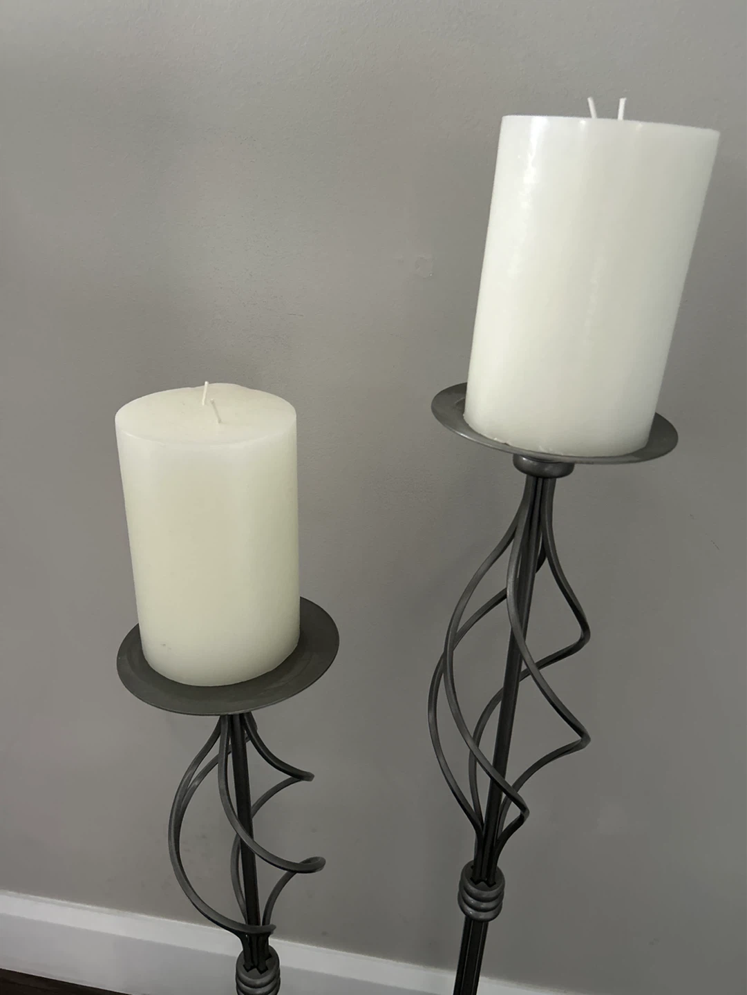 Set of 2 Gray Metal Floor Candelabras with White Pillar Candles - photo 3