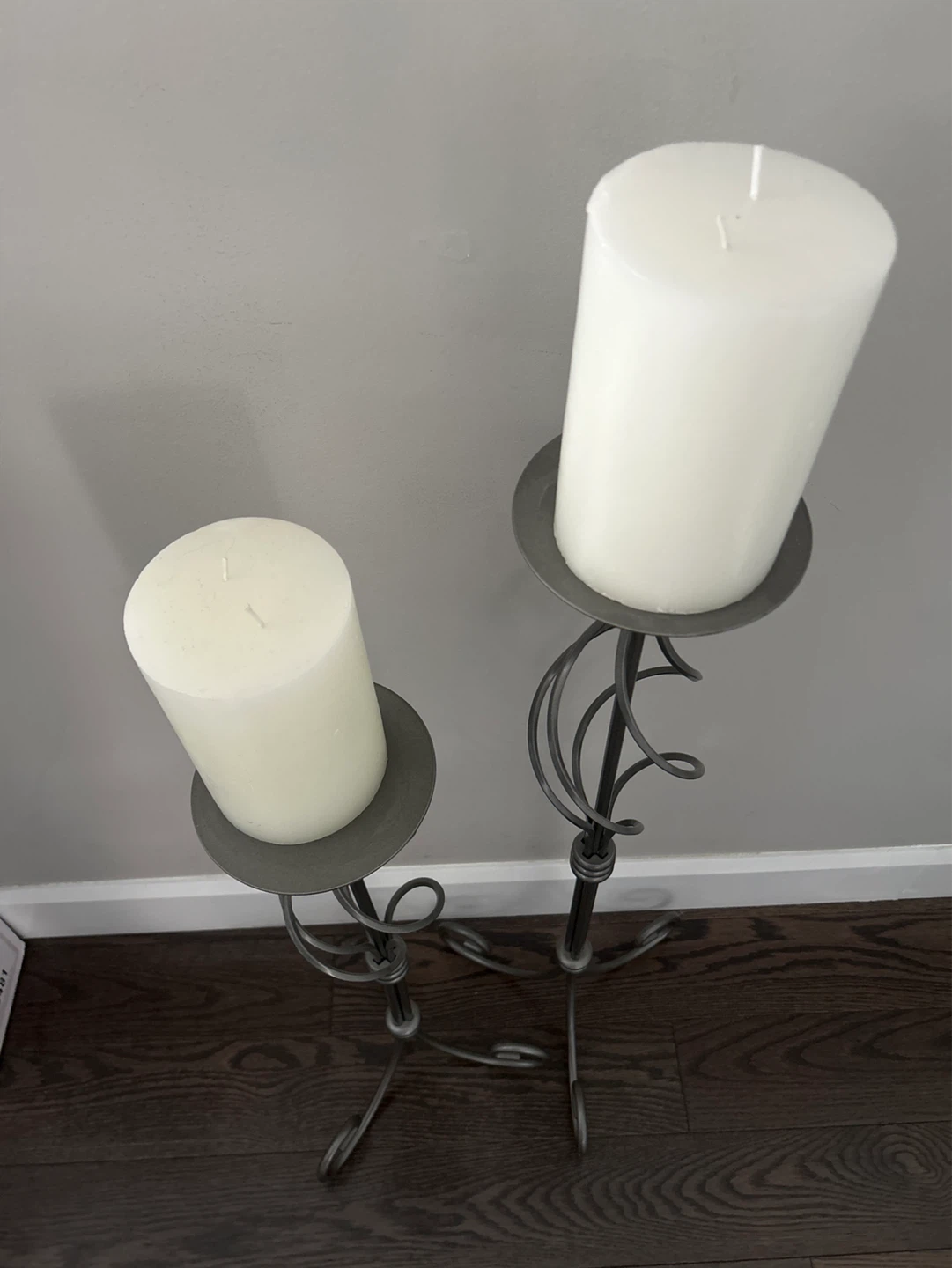 Set of 2 Gray Metal Floor Candelabras with White Pillar Candles - photo 2