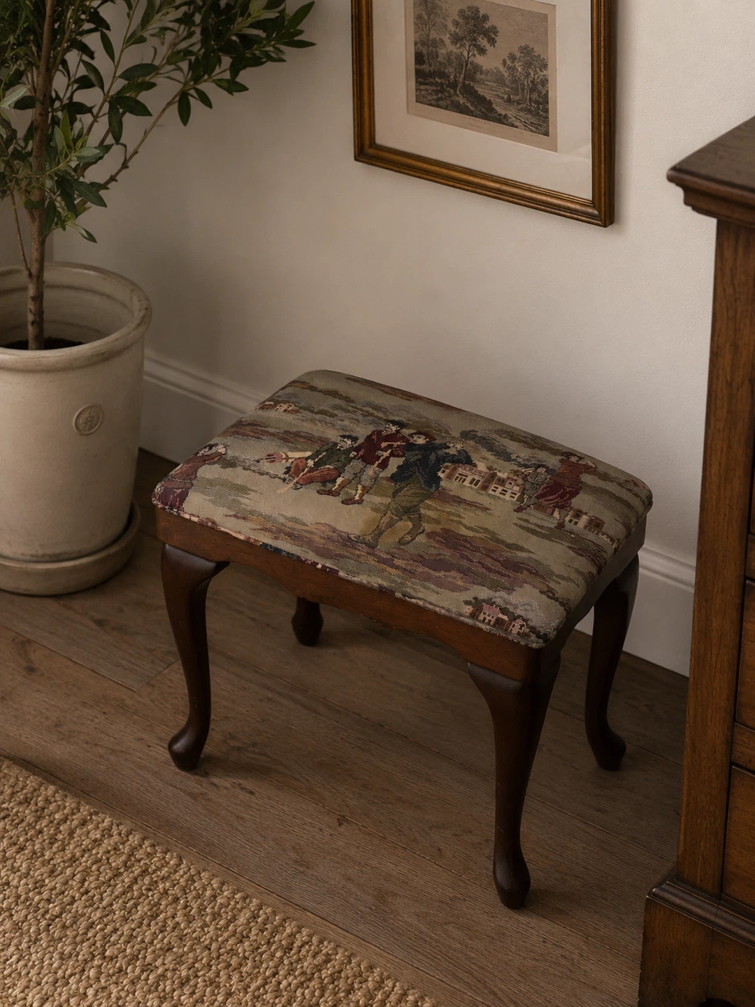 Tapestry Footstool Ottoman with Wooden Legs