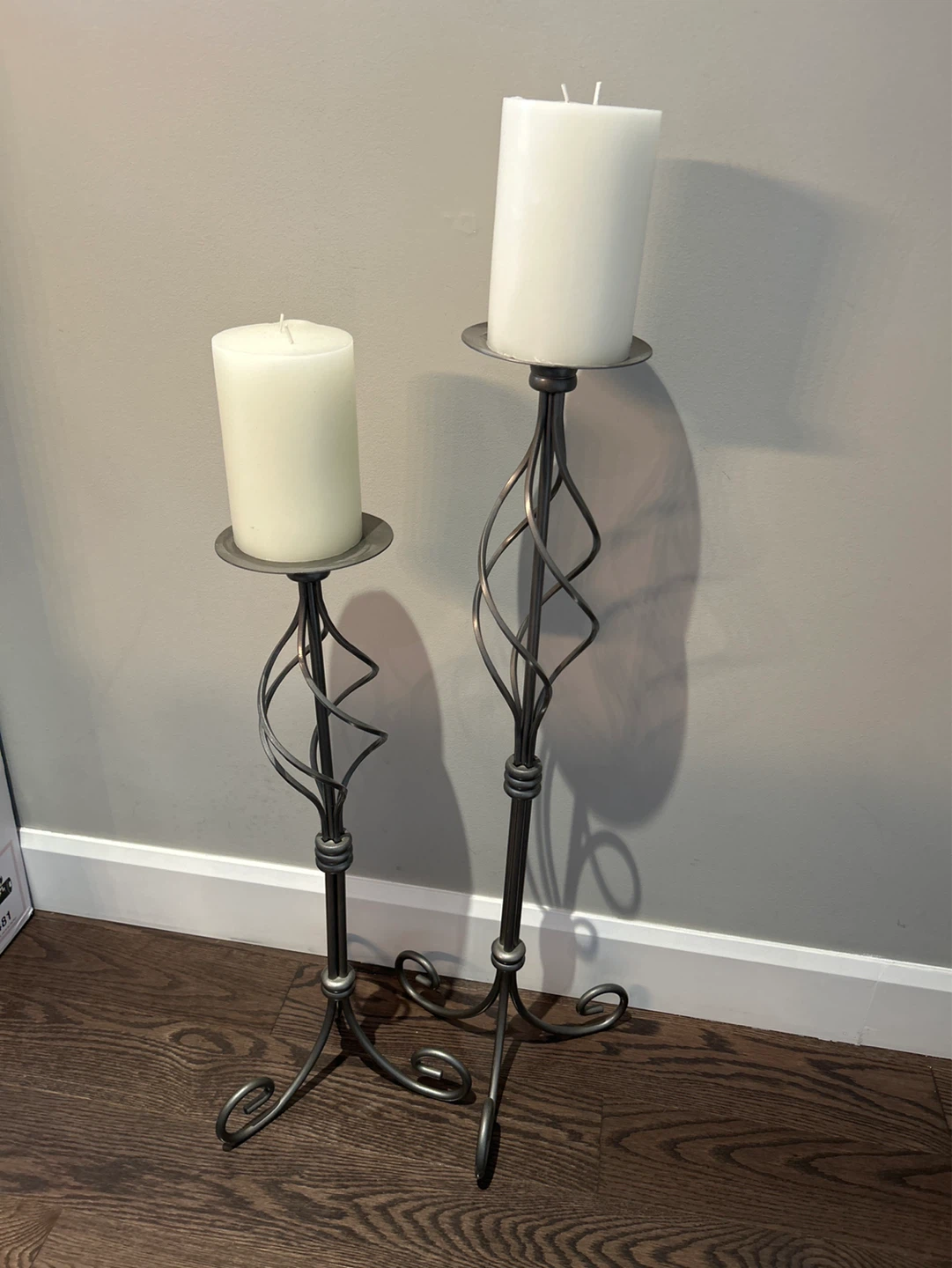 Set of 2 Gray Metal Floor Candelabras with White Pillar Candles - photo 4