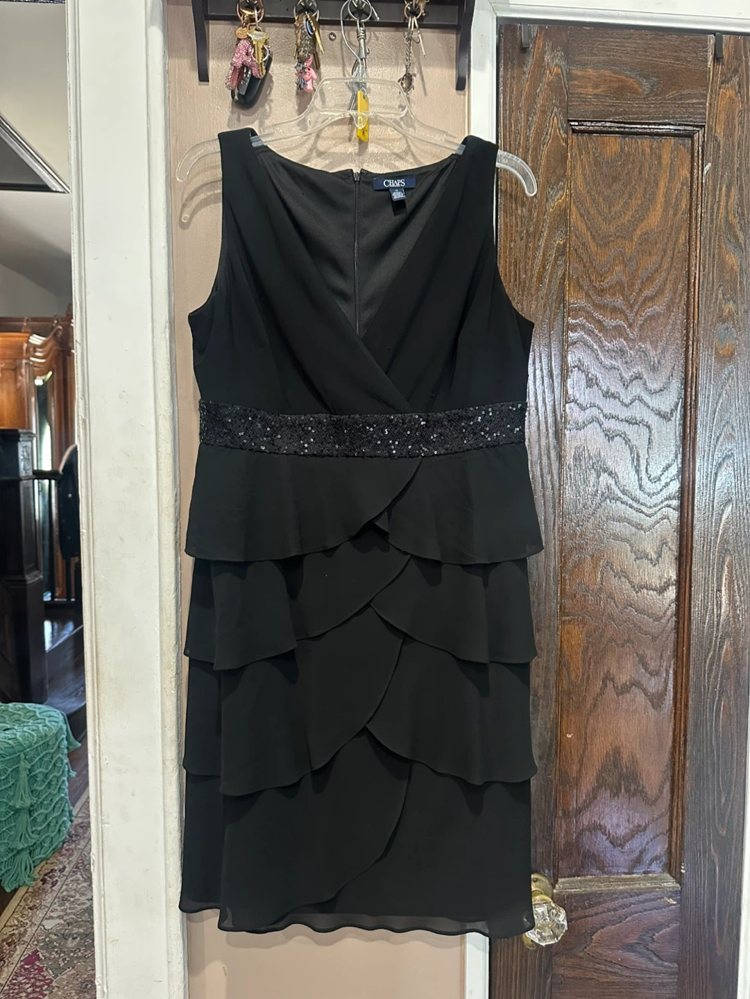 Chaps Black Tiered Sequin Waist Dress Size 14