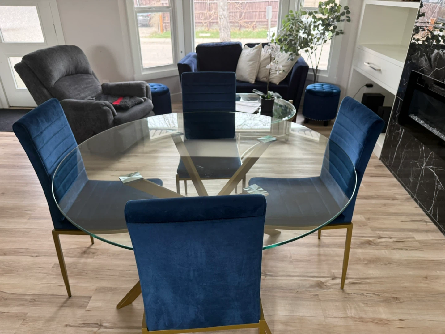 Set of 4 Blue Velvet Dining Chairs with Gold Legs