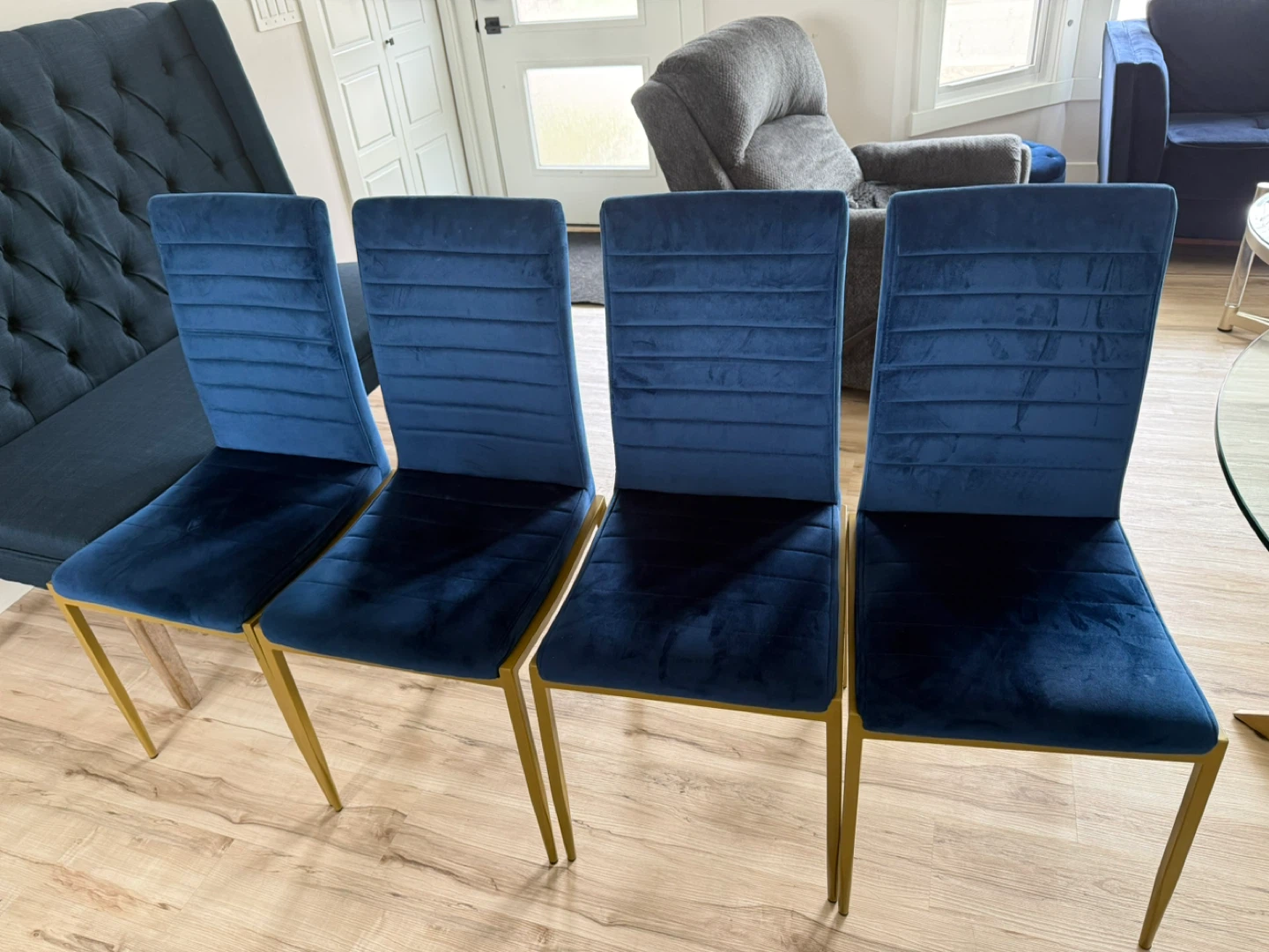 Set of 4 Blue Velvet Dining Chairs with Gold Legs - photo 2