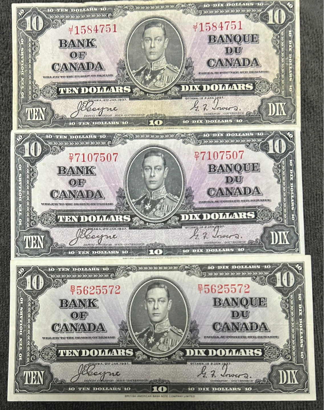 Collection of Antique Bank of Canada 1937 $10 Bills