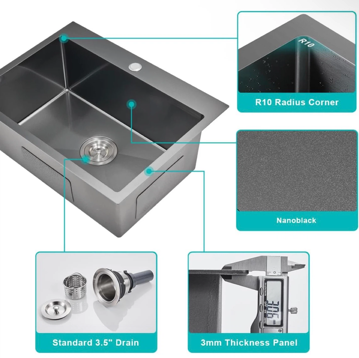 TSI BOMU Stainless Steel Kitchen Sink - 20 x 16 Inch - photo 4