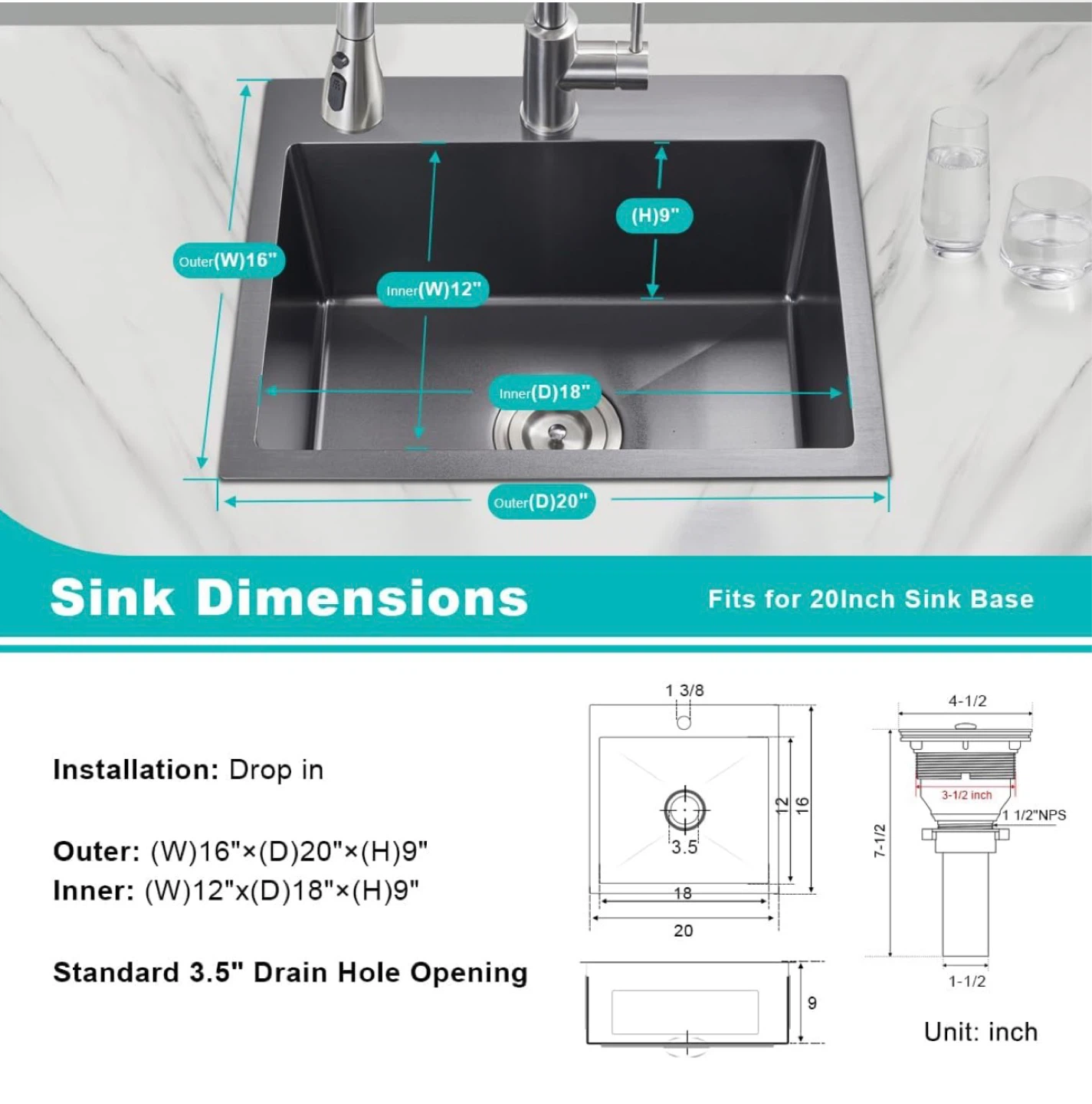 TSI BOMU Stainless Steel Kitchen Sink - 20 x 16 Inch - photo 3