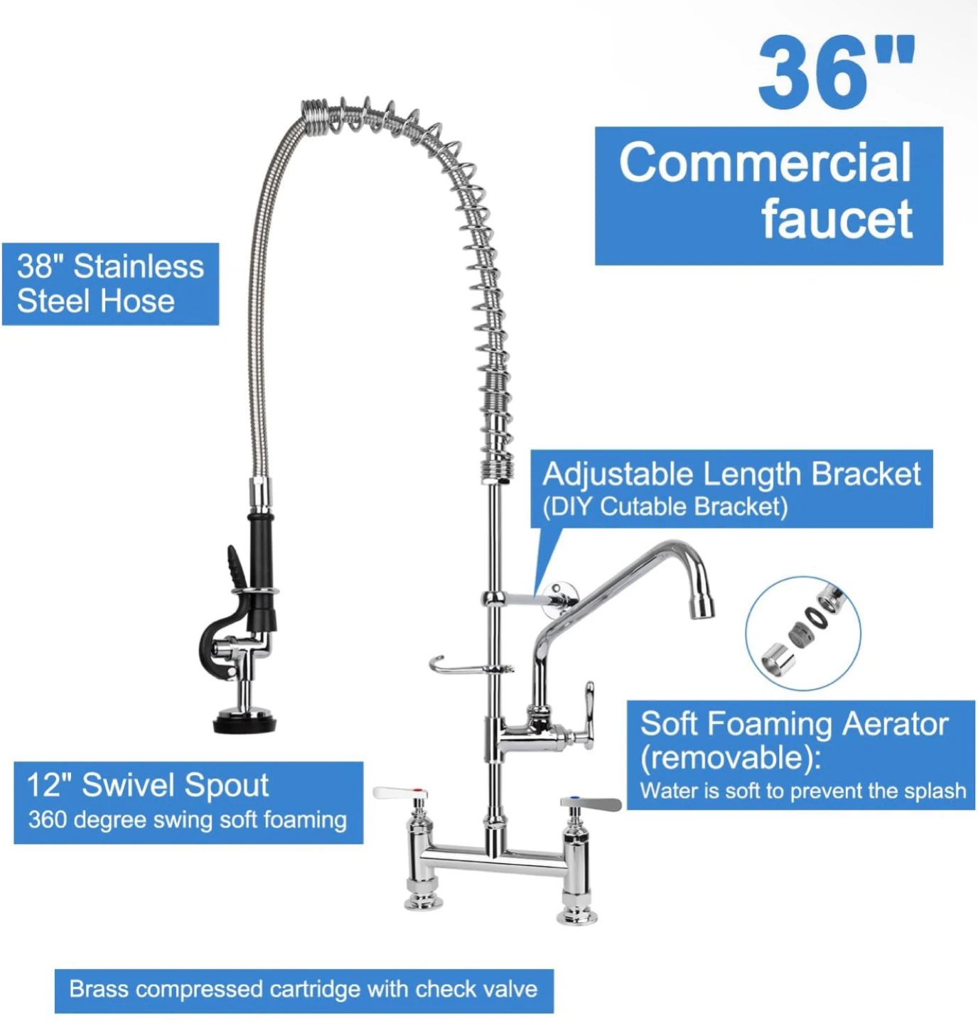 36" Commercial Faucet with 38" Stainless Steel Hose