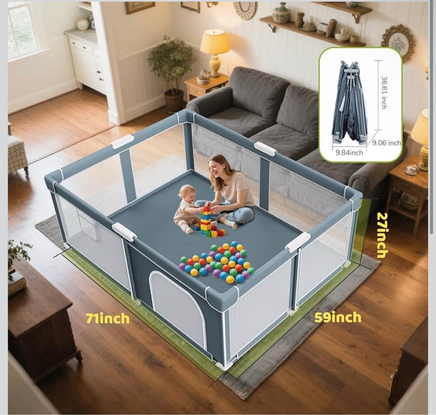 Portable Baby Playpen - 71" x 59" x 27" - photo 4