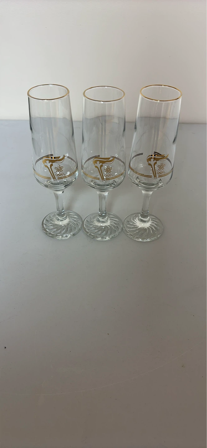 Set of 3 Champagne Flutes with Gold Rim and Olympic Rings Logo